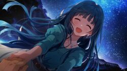 Rule 34 | 1girl, alternate hairstyle, belt, blue hair, closed eyes, earrings, game cg, holding hands, idolmaster, idolmaster million live!, idolmaster million live! theater days, jewelry, kitakami reika, necklace, official art, open mouth, pov, puffy sleeves, skirt, sky, solo, star (sky), starry sky