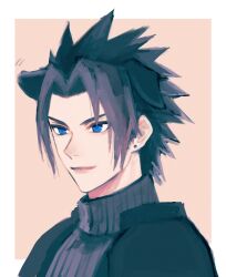 Rule 34 | 1boy, animal ears, armor, black hair, black sweater, blue eyes, crisis core final fantasy vii, d8j0j, dog boy, dog ears, earrings, final fantasy, final fantasy vii, highres, jewelry, looking to the side, male focus, orange background, parted bangs, pauldrons, short hair, shoulder armor, simple background, smile, spiked hair, stud earrings, sweater, turtleneck, upper body, zack fair