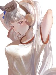 Rule 34 | 1girl, absurdres, animal ears, arms up, blunt bangs, breasts, brown eyes, closed mouth, commentary request, gold ship (umamusume), grey hair, gym uniform, hair tie in mouth, hand in own hair, highres, horse ears, horse girl, kikinoki, long hair, looking at viewer, medium breasts, mouth hold, ponytail, shirt, simple background, solo, sweat, tying hair, umamusume, upper body, white background, white shirt