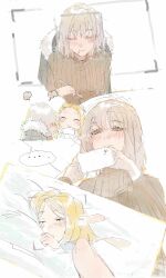 Rule 34 | ..., 2girls, blonde hair, blush, brown sweater, cellphone, closed mouth, coat, commentary, contemporary, dungeon meshi, elf, falin touden, falin touden (tallman), fork, fur-trimmed coat, fur trim, grey coat, grey hair, highres, holding, holding fork, holding phone, le (szs0k), long hair, marcille donato, medium hair, multiple girls, orange eyes, phone, pointy ears, ribbed sweater, sleeping, smartphone, smile, spoken ellipsis, sweater, taking picture, under covers, unusually open eyes, yuri