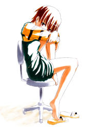 Rule 34 | 00s, 1girl, barefoot, brown eyes, brown hair, chair, fate/stay night, fate (series), feet, feet on chair, fujimura taiga, full body, hugging own legs, jas (littlecrime), legs, office chair, pointer, sandals, shoes, short hair, sitting, soles, solo, swivel chair, type-moon, unworn shoes