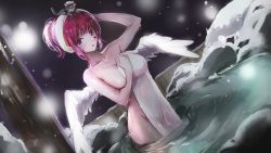 Rule 34 | 1girl, :o, animal, animal on head, arm up, blush, breasts, cat, cat on head, collarbone, completely nude, covered navel, covering privates, dana (hapong07), dutch angle, facial mark, feathered wings, heart, highres, indie virtual youtuber, large breasts, night, nude, nude cover, on head, onsen, outdoors, parted lips, red eyes, red hair, see-through, short hair, short ponytail, snow, snowing, tadano rei, towel, towel on head, virtual youtuber, wading, water, white wings, wings