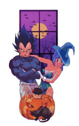 Rule 34 | 1girl, 2boys, amachu a, baby, black cat, black eyes, black hair, blue eyes, blue hair, blue leotard, breasts, bulma, cat, commentary, crossed arms, dragon ball, dragonball z, father and son, full moon, gloves, hat, highleg, highleg leotard, highres, horned hat, jack-o&#039;-lantern, leotard, medium breasts, moon, mother and son, multiple boys, muscular, muscular male, pectorals, shirt, simple bat, strapless, strapless leotard, symbol-only commentary, tight clothes, tight shirt, tree, trunks (dragon ball), vegeta, white gloves, window, witch hat