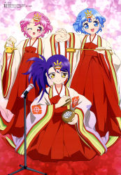 Rule 34 | 1boy, 2girls, absurdres, blue eyes, blue hair, blush, braid, dorothy west, full body, highres, holding, holding own hair, long hair, microphone stand, mole, mole under eye, multiple girls, one eye closed, pink hair, pretty series, pripara, red eyes, reona west, short hair, side ponytail, toudou shion, yellow eyes
