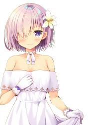 Rule 34 | 1girl, bad id, bad pixiv id, blue eyes, bow, breasts, choker, cleavage, collarbone, dress, fate/grand order, fate (series), flower, gloves, hair flower, hair ornament, hair over one eye, hibiscus, looking at viewer, mash kyrielight, mash kyrielight (formal dress), medium breasts, mori airi, official alternate costume, purple bow, purple hair, ribbon, ribbon choker, shiny skin, short hair, skirt hold, sleeveless, sleeveless dress, smile, solo, standing, upper body, white background, white dress, white flower, white gloves, white ribbon