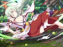 Rule 34 | 1girl, armpits, bell, belt, blue sky, blunt bangs, blush, branch, breasts, bush, closed mouth, cloud, day, detached sleeves, energy, falling leaves, fence, forest, grass, green hair, hakama, high collar, high heels, japanese clothes, jingle bell, large breasts, leaf, light green hair, light particles, looking at viewer, motion lines, naraku (senran kagura), nature, nontraditional miko, official alternate costume, official art, outdoors, picket fence, plant, red eyes, red hakama, ribbon-trimmed sleeves, ribbon trim, rope, senran kagura, senran kagura new link, shimenawa, shiny skin, short hair, shrine, sideboob, sky, solo, sparkle, stairs, stone stairs, stone walkway, torii, torn clothes, torn hakama, tree, white footwear, wooden fence, yaegashi nan