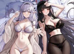 Rule 34 | 2girls, bed sheet, black bra, black hair, black hairband, black panties, black pantyhose, blue archive, blush, bra, breasts, bright pupils, collarbone, cowboy shot, eternity (shadeh), flower, grey hair, groin, hair flower, hair ornament, hairband, hairpin, halo, highres, himari (blue archive), large breasts, long hair, looking at viewer, medium breasts, mole, mole under eye, multiple girls, navel, open mouth, panties, pantyhose, parted lips, pillow, pointy ears, purple eyes, red eyes, rio (blue archive), smile, striped clothes, striped hairband, underwear, white bra, white flower, white panties, white pupils