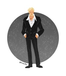 Rule 34 | 1boy, artist name, beard, blonde hair, closed mouth, commentary, english commentary, facial hair, formal, full body, hands in pockets, long sleeves, looking at viewer, male focus, mustache, one piece, shepherd ju peter, shirt, short hair, solo, suit, twitter username, white shirt, yueliart