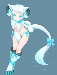 Rule 34 | 1girl, animal ear fluff, animal ears, bioluminescence, blue background, blue bow, blue eyes, bow, breasts, claws, female focus, full body, fur, glowing, highres, horns, nena (pixiv23458451), original, parted lips, short hair, simple background, small breasts, solo, tail, topless, white hair