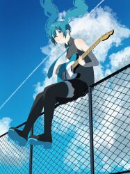 Rule 34 | 1girl, aqua eyes, aqua footwear, aqua hair, aqua necktie, bare arms, bare shoulders, black footwear, black shirt, black skirt, black thighhighs, blue sky, blush, boots, clear sky, cloud, cloudy sky, collared shirt, commentary request, electric guitar, fence, floating hair, guitar, hair between eyes, hatsune miku, highres, holding, holding instrument, instrument, long hair, looking at viewer, music, necktie, noranucoo, on fence, open mouth, outdoors, playing instrument, pleated skirt, shirt, shoes, sidelocks, sitting, skirt, sky, sleeveless, sleeveless shirt, smile, swept bangs, teeth, thighhighs, twintails, two-tone footwear, vocaloid, zettai ryouiki