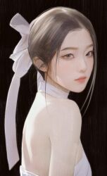 Rule 34 | 1girl, absurdres, black background, black hair, brown eyes, cropped arms, cropped torso, dress, hair ribbon, highres, irene (red velvet), looking at viewer, nagamerin, parted bangs, pink lips, portrait, real life, red lips, red velvet (group), ribbon, white dress, white ribbon
