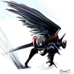 Rule 34 | claws, digimon, mask, ravmon, red eyes, simple background, sword, weapon, white background, wings