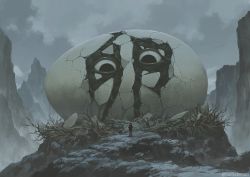 Rule 34 | 1other, broken egg, cloud, cloudy sky, commentary request, egg, eye focus, facing away, kanji, looking at another, monster, mountain, nature, nest, nurikabe (mictlan-tecuhtli), original, outdoors, sky, solo, standing, very wide shot