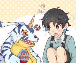 Rule 34 | 2boys, blush, digimon, gabumon, haru (digimon survive), horns, looking at another, multiple boys, reptile