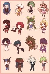 6+boys 6+girls :d :o ;) ahoge akamatsu_kaede amami_rantaro android arm_behind_back arm_behind_head arm_up bandaged_hand bandages barefoot beamed_eighth_notes black_gloves black_hair black_hat black_jacket black_skirt blonde_hair blue_hair blue_pants blue_serafuku blue_shirt blue_skirt blue_socks blush blush_stickers body_armor bow brown_hair brown_jacket brown_pants butterfly_net chabashira_tenko checkered_clothes checkered_scarf chibi clenched_hands closed_mouth commentary crossed_arms danganronpa_(series) danganronpa_v3:_killing_harmony dark-skinned_female dark-skinned_male dark_skin ear_piercing english_commentary eyelashes fingerless_gloves fortissimo full_body glasses gloves goggles goggles_on_head gokuhara_gonta green_hair hair_ornament hairband half-closed_eyes hand_in_pocket hand_net hand_on_own_hip harukawa_maki hat highres holding holding_butterfly_net holding_hat holding_unworn_clothes hoshi_ryoma insect_cage iruma_miu jacket k1-b0 koki_arts long_hair maid mask midriff momota_kaito mouth_mask multiple_boys multiple_girls musical_note musical_note_hair_ornament navel oma_kokichi one_eye_closed open_clothes open_jacket open_mouth pants piercing pink_bow pink_hairband pink_shirt pink_skirt purple_footwear purple_hair purple_jacket purple_pants purple_skirt purple_socks rabbit red_hair red_shirt red_skirt round_eyewear saihara_shuichi sailor_collar scarf school_uniform serafuku shinguji_korekiyo shirogane_tsumugi shirt shoes short_hair simple_background sixteenth_note skirt smile socks standing striped_clothes striped_pants striped_shirt tojo_kirumi tongue tongue_out twintails two-tone_pants v v-shaped_eyebrows very_long_hair white_hair white_pants white_sailor_collar white_shirt witch_hat yellow_jacket yonaga_angie yumeno_himiko