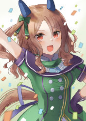 Rule 34 | 1girl, animal ears, arm up, black gloves, blush, bow, breasts, brown hair, buttons, confetti, ear covers, gloves, green bow, hair bow, hand on own hip, hatomaru (hatomaru56), highres, horse ears, horse girl, horse tail, king halo (umamusume), long hair, one side up, open mouth, red eyes, short sleeves, simple background, solo, tail, umamusume, upper body