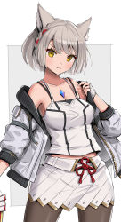 Rule 34 | 1girl, animal ears, black pantyhose, breasts, cat ears, chest jewel, gonzarez, highres, jacket, leggings, looking at viewer, mio (xenoblade), pantyhose, red ribbon, ribbon, simple background, skirt, small breasts, solo, tank top, white hair, white jacket, white skirt, white tank top, xenoblade chronicles (series), xenoblade chronicles 3, yellow eyes