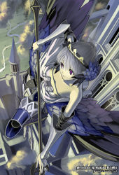 Rule 34 | 1girl, armor, armored dress, crown, dress, flying, gwendolyn (odin sphere), nakabayashi reimei, odin sphere, polearm, pteruges, purple eyes, silver hair, spear, strapless, strapless dress, weapon, wings