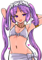 Rule 34 | 1girl, :d, armlet, arms behind head, bikini, blush, bow, breasts, cowboy shot, fate/grand order, fate (series), frilled bikini, frills, gold bracelet, hairband, jewelry, long hair, navel, navel piercing, necklace, open mouth, piercing, purple eyes, purple hair, sabaku chitai, sarong, simple background, small breasts, smile, solo, stheno (fate), swimsuit, very long hair, white background, white bikini, white bow