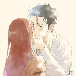 1boy 1girl black_eyes black_hair blush brown_hair couple hetero jacket kiss lab_coat long_hair looking_at_another makise_kurisu okabe_rintarou rocni steins;gate upper_body