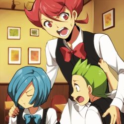 Rule 34 | 10s, 3boys, :t, bad id, bad pixiv id, blue hair, bow, bowtie, brothers, chili (pokemon), cilan (pokemon), closed eyes, creatures (company), cress (pokemon), game freak, green eyes, green hair, gym leader, hair over one eye, hirococo, lowres, male focus, multiple boys, nintendo, pokemon, pokemon bw, red eyes, red hair, ribbon, siblings, traditional bowtie, triplets, waiter