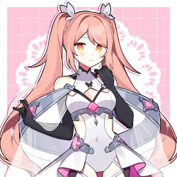 Rule 34 | 1girl, black gloves, blush, breasts, cleavage, commentary, commission, covered navel, elbow gloves, english commentary, gloves, indie virtual youtuber, leotard, looking at viewer, magical girl, medium breasts, nina saotome, official alternate costume, orange eyes, pink hair, second-party source, smile, solo, thighhighs, twintails, virtual youtuber, waka (wk4444), white leotard