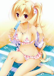 Rule 34 | 1girl, absurdres, amairo islenauts, bare legs, bare shoulders, barefoot, beach, bikini, blonde hair, blush, bracelet, breasts, cleavage, collarbone, flower bracelet, food, frilled bikini, frills, highres, huge filesize, jewelry, kobuichi, licking, long hair, looking at viewer, looking up, navel, necklace, off shoulder, pink bikini, popsicle, red eyes, shiny skin, shirley warwick, side ponytail, sitting, solo, swimsuit, tongue, tongue out, very long hair, yuzu-soft
