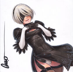 Rule 34 | 1girl, 2b (nier:automata), black blindfold, black dress, black hairband, blindfold, commentary, cowboy shot, dress, elbow gloves, english commentary, gloves, hairband, nier:automata, nier (series), omar dogan, open mouth, pink lips, puffy sleeves, short hair, simple background, smile, solo, standing, teeth, white background, white gloves, white hair