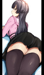 Rule 34 | 1girl, alp, ass, black hair, black skirt, black thighhighs, blunt bangs, blush, breasts, brown eyes, closed mouth, from behind, highres, idolmaster, idolmaster shiny colors, long hair, long sleeves, looking at viewer, looking back, lying, mayuzumi fuyuko, medium breasts, miniskirt, on stomach, pillarboxed, pink shirt, shirt, simple background, skirt, solo, straight hair, thighhighs, two side up, white background, zettai ryouiki