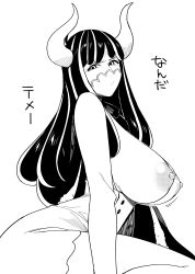 Rule 34 | 1girl, absurdres, black hair, breasts, highres, horns, long hair, looking at viewer, mask, monochrome, nipples, one piece, simple background, solo, tesu, ulti (one piece), white background