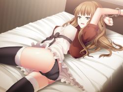 Rule 34 | 1girl, arms up, bdsm, bed, black bow, black panties, black thighhighs, bondage, bound, bow, brown hair, character request, cuffs, cyclet, female focus, frilled skirt, frills, game cg, handcuffs, kusari no kankei, long hair, lying, open mouth, panties, pantyshot, short sleeves, skirt, solo, thighhighs, underwear, upskirt, white skirt, yellow eyes, zettai ryouiki