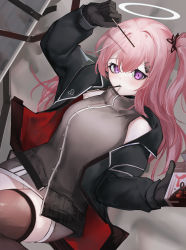 Rule 34 | 1girl, absurdres, ambriel (arknights), ao oni (onioni-aoi), arknights, arm up, black gloves, black jacket, black thighhighs, commission, cowboy shot, dutch angle, female focus, food, food in mouth, gloves, grey background, grey shirt, hair between eyes, hair ornament, hairclip, halo, highres, jacket, long hair, looking at viewer, mouth hold, one side up, open clothes, open jacket, pink hair, pixiv commission, pocky, purple eyes, shirt, sleeveless, sleeveless shirt, solo, thighhighs