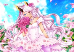 Rule 34 | 1girl, absurdres, ahoge, alternate costume, azur lane, blue eyes, blue gemstone, blush, bouquet, breasts, bush, cleavage, commentary request, covered mouth, cowboy shot, dark-skinned female, dark skin, dress, eyes visible through hair, falling petals, flower, gem, hair between eyes, hayase yuu, heart, heart ahoge, heterochromia, highres, holding, holding bouquet, horns, indianapolis (azur lane), jewelry, leaf, long hair, looking at viewer, mechanical horns, medium breasts, necklace, pearl necklace, petals, pink flower, pink hair, rose, solo, sparkle, strapless, strapless dress, twintails, very long hair, wedding dress, white dress, yellow eyes
