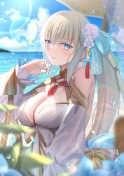 Rule 34 | 1girl, beach, bikini, blue eyes, blue ribbon, blue sky, blush, breasts, cleavage, cloud, commentary request, day, detached sleeves, fate/grand order, fate (series), fingernails, flower, grey hair, hair flower, hair ornament, hair ribbon, highres, large breasts, light smile, long hair, looking at viewer, mishiro (ixtlolton), morgan le fay (fate), morgan le fay (water princess) (fate), ocean, official alternate costume, outdoors, parasol, ponytail, ribbon, robe, rose, sand, signature, sky, solo, sunlight, swimsuit, umbrella, very long hair, water, wet, white bikini, white flower, white robe