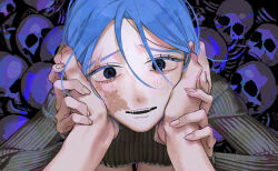 Rule 34 | 1girl, blue eyeliner, blue eyes, blue hair, breasts, colored eyelashes, eyeliner, facial scar, hair between eyes, hands on another&#039;s face, highres, holding, holding hands, looking at viewer, makeup, open mouth, original, scar, scar across eye, scar on cheek, scar on face, sitting, skull, smile, solo, yasutatsu (amazu)