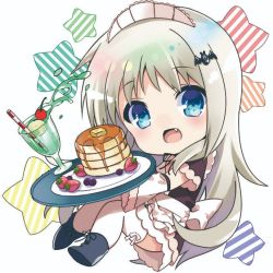 Rule 34 | 1girl, alternate costume, apron, black dress, blue eyes, chibi, commentary request, dress, drink, fang, food, frilled apron, frills, full body, kise itsuki, little busters!, long hair, looking at viewer, maid headdress, noumi kudryavka, pancake, silver hair, simple background, solo, spill, star (symbol), tray, waitress, white apron, white background