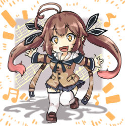 Rule 34 | 1girl, antenna hair, blush, blush stickers, brown footwear, brown hair, chibi, girls&#039; frontline, loafers, long hair, m14 (girls&#039; frontline), multicolored hair, musical note, outstretched arms, rata (rata19841009), shadow, shoes, smile, solo, standing, standing on one leg, streaked hair, thighhighs, thighs, twintails, white thighhighs, yellow eyes