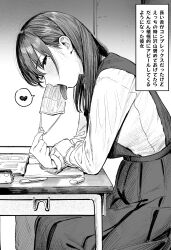 Rule 34 | 1girl, blush, classroom, commentary request, desk, dress, elbows on table, eraser, from side, greyscale, hair behind ear, half-closed eyes, heart, highres, holding own arm, indoors, leaning forward, long hair, long sleeves, long tongue, looking at viewer, looking to the side, mask, mask pull, mole, mole under eye, momokumo, monochrome, mouth mask, open mouth, original, paid reward available, pencil case, pleated dress, profile, school desk, school uniform, sexually suggestive, shirt under dress, sitting, solo, spoken heart, surgical mask, textbook, tongue, tongue out, translation request