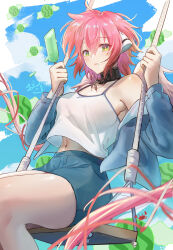 Rule 34 | 1girl, absurdres, bare shoulders, black collar, blue jacket, blue shorts, blue sky, breasts, chain, clear autumn, cloud, cloudy sky, collar, feathered wings, food, fruit, green eyes, highres, holding, holding food, holding ice cream, holding popsicle, ice cream, ikaros, jacket, large breasts, lips, long hair, looking at viewer, low twintails, midriff, navel, open clothes, open jacket, outdoors, pink hair, popsicle, robot ears, shorts, signature, sky, solo, sora no otoshimono, swing, swinging, tank top, twintails, watermelon, white tank top, white wings, wings