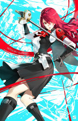 Rule 34 | 1girl, armband, black footwear, black gloves, boots, character name, closed mouth, commentary, english commentary, floating hair, gloves, hair over one eye, highres, holding, holding sword, holding weapon, kirijou mitsuru, lips, long hair, nikusenpai, official alternate costume, one eye covered, persona, persona 3, persona 3 reload, rapier, red armband, red eyes, red hair, red lips, solo, sword, twitter username, weapon