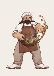 Rule 34 | 1boy, apron, beard, black hair, brown apron, casual, chef, chef hat, contemporary, dungeon meshi, dwarf, eahsu1994, facial hair, flipping food, food, frying pan, full body, grey pants, hat, highres, holding, holding spatula, legs apart, long hair, long sleeves, looking down, male focus, pants, senshi (dungeon meshi), shoes, shrimp, simple background, sleeves rolled up, solo, spatula, steam, vegetable, white footwear, white hat