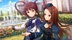 Rule 34 | 2girls, blue dress, brown hair, building, bush, choker, cloud, corset, dress, flower, forehead, fountain, game cg, hat, hedge, holding hands, idolmaster, idolmaster million live!, idolmaster million live! theater days, jewelry, matsuda arisa, minase iori, mini hat, multiple girls, necklace, official art, pink eyes, red eyes, rose, smile, twintails, water, window