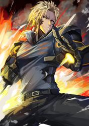 Rule 34 | 1boy, bad id, bad pixiv id, belt, black belt, black pants, black sclera, blonde hair, collared shirt, colored sclera, commentary request, cyborg, damaged, energy, explosion, from below, genos, grey shirt, highres, kyuu (chiu850513), looking at viewer, looking down, male focus, mechanical parts, one-punch man, pants, parted lips, serious, shirt, short hair, solo, spread legs, teeth, torn clothes, torn shirt, v-shaped eyebrows, yellow eyes