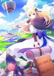 Rule 34 | 1girl, animal ears, apron, black apron, black cape, blonde hair, blue bow, blue ribbon, blue sky, boots, bow, brown footwear, cape, church, cloud, cloudy sky, commentary request, day, dress, dutch angle, fantasy, floating island, flower, fox ears, hair between eyes, hair ribbon, high heel boots, high heels, house, jewelry, juliet sleeves, kashiwaba en, lake, long hair, long sleeves, looking at viewer, looking back, mountain, original, outdoors, parted lips, pendant, petals, pink flower, puffy sleeves, purple eyes, ribbon, sky, solo, standing, suitcase, tree, very long hair, village, waist apron, water, waterfall, white dress