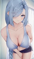 Rule 34 | 1girl, absurdres, alternate costume, bare shoulders, black shorts, blue eyes, blush, braid, breasts, cleavage, closed mouth, clothes pull, collarbone, commentary, cowboy shot, curtains, dolphin shorts, downblouse, eyes visible through hair, genshin impact, grey hair, grey tank top, hair over one eye, hand on own thigh, highres, indoors, large breasts, leaning forward, long bangs, long hair, looking at viewer, low-braided long hair, low-tied long hair, paid reward available, rosumerii, shenhe (genshin impact), shirt pull, short shorts, shorts, sidelocks, single braid, solo, swept bangs, tank top, thighs, very long hair
