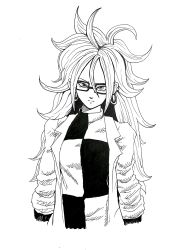 Rule 34 | 1girl, android 21, black-framed eyewear, breasts, curly hair, dragon ball, dragon ball fighterz, dress, earrings, glasses, greyscale, highres, hoop earrings, jewelry, lab coat, long hair, looking at viewer, medium breasts, monochrome, neo0708yuka, solo, upper body