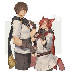Rule 34 | 2boys, :d, ^ ^, adventurer (ff14), animal ears, belt, black gloves, black scarf, braid, braided ponytail, brown hair, cape, cat boy, cat ears, cat tail, closed eyes, cosplay, costume switch, cowboy shot, cropped legs, dated, elbow gloves, facial hair, facial mark, ffxivys, final fantasy, final fantasy xiv, fingerless gloves, from side, g&#039;raha tia, gloves, hair ornament, hand up, hands up, highres, holding, holding clothes, holding scarf, hyur, male focus, miqo&#039;te, multiple boys, open mouth, red cape, red eyes, red hair, scarf, shirt, short hair, short ponytail, single braid, smile, square enix, standing, stubble, swept bangs, tail, two-tone background, vambraces, warrior of light (ff14), white background, white shirt, x hair ornament