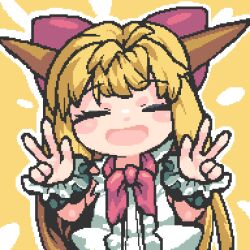Rule 34 | 1girl, blonde hair, blush, bow, bowtie, brown horns, closed eyes, commentary request, cookie (touhou), double w, hair bow, highres, horns, ibuki suika, long hair, medium bangs, open mouth, pixel art, red bow, red bowtie, shirt, sidelocks, sleeveless, sleeveless shirt, smile, solo, tonchamon san, touhou, upper body, very long hair, w, white shirt, wrist cuffs, yamin (cookie), yellow background