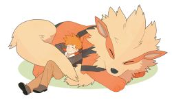 Rule 34 | 1boy, arcanine, arms behind back, blue oak, brown footwear, brown jacket, brown pants, closed eyes, closed mouth, commentary request, creatures (company), game freak, gen 1 pokemon, jacket, jaho, leather, leather jacket, lying, male focus, nintendo, on back, orange hair, pants, pokemon, pokemon (creature), pokemon hgss, shoes, short hair, sleeping, spiked hair
