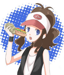 Rule 34 | 1girl, :o, antenna hair, bare arms, bare shoulders, baseball cap, black vest, blue eyes, brown hair, creatures (company), flat chest, food, game freak, halftone, halftone background, hat, head tilt, hilda (pokemon), holding, holding food, hot dog, long hair, looking at viewer, nintendo, open clothes, open mouth, open vest, outline, poke ball print, pokemon, pokemon bw, ponytail, sidelocks, sleeveless, solo, sweatband, tank top, tareme, upper body, vest, wavy hair, white hat, white outline, wrapper